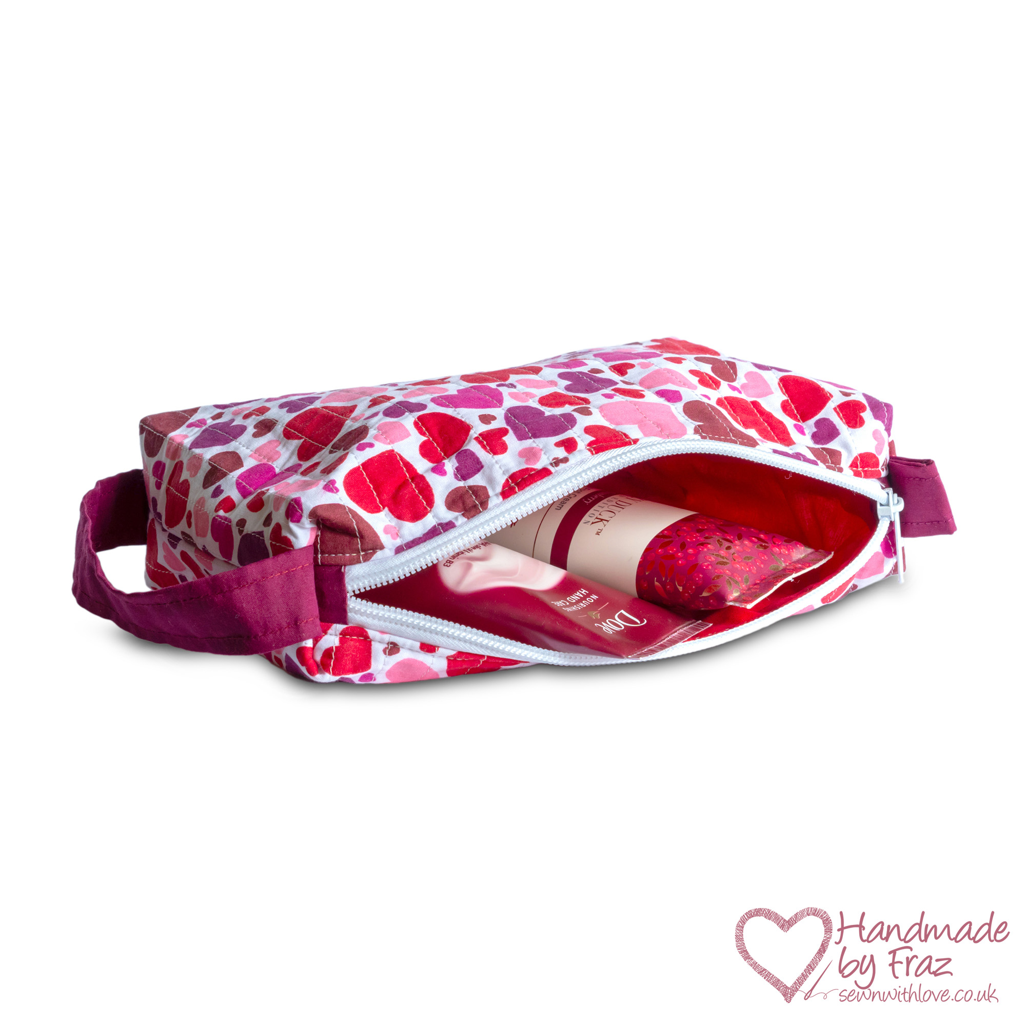 Quilted Hearts Make-Up & Travel Zipper Pouch with Strap Handle