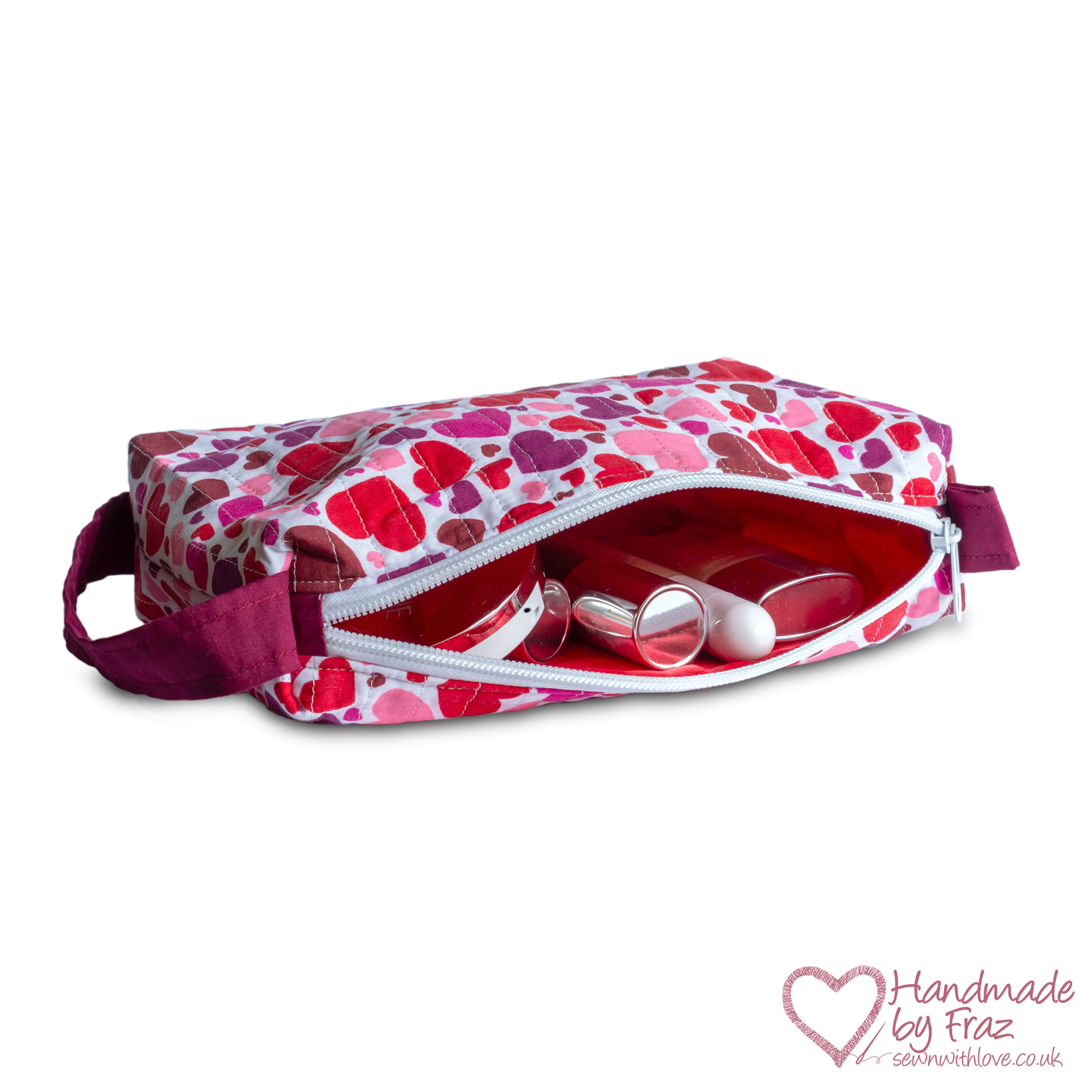 Quilted Hearts Make-Up & Travel Zipper Pouch with Strap Handle